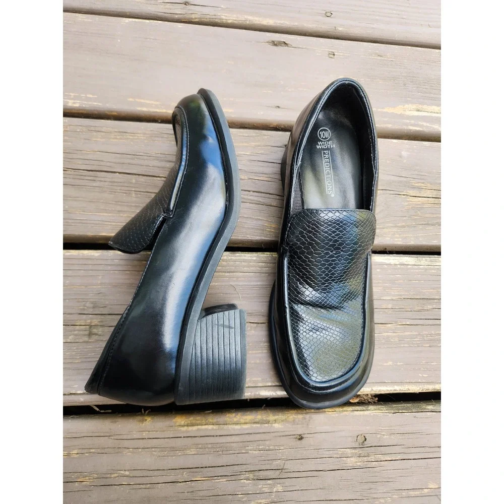 Vintage 90s y2k Predictions Loafers Black Chunky Block Heel Snakeskin Texture 10